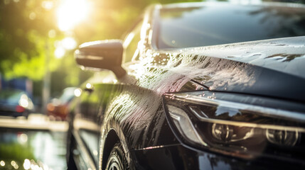 car wash, Close up of washing black car with soap and water outside on a sunny day - obrazy, fototapety, plakaty