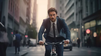 Tuinposter Businessmen who go to work by cycling on city streets in the morning for good health. and reduce global warming © BB_Stock