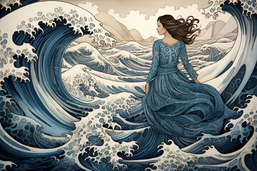 Woman in a flowing blue dress inspired by the great wave off Kanagawa artwork