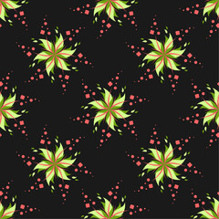 Abstract floral ornaments seamless pattern. Red and green botanic elements on black background. Best for textile, wallpapers, wrapping paper, package and home decoration.