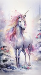 Obraz na płótnie Canvas Magical winter forest with Unicorn, snow covered trees, watercolor illustration