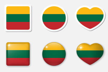 Flag of Lithuania icons collection. Flat stickers and 3d realistic glass vector elements on white background with shadow underneath.