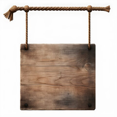 Wooden rustic signboard hanging from a rope, isolated on white background. Wooden sign board hanging on ropes.