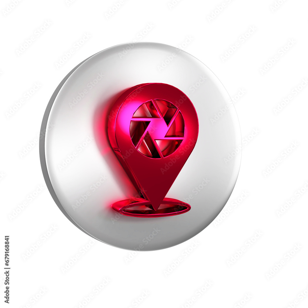 Poster red camera shutter icon isolated on transparent background. silver circle button.