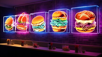 Neon-lit sliders in a creative stack, forming an appetizing wall decoration in the heart of the restaurant.