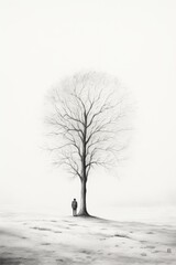a man standing alone near a single tree - black and white pencil sketch