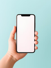 White cell phone in the hands of a woman with long, stylish nails against a pastel background . ai generative
