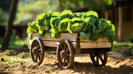 Fototapeta na wymiar wooden cart with pneumatic wheels full of lettuce in an organic garden.
