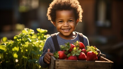 an african american boy holds a wooden box full of strawberries in an organic strawberry garden - obrazy, fototapety, plakaty