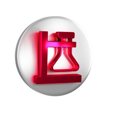 Red Glass test tube flask on stand icon isolated on transparent background. Laboratory equipment. Silver circle button.