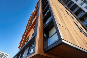 angular wood accents on a steel-framed high rise