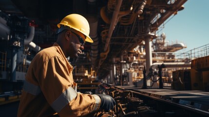 Fototapeta na wymiar An operator working doing maintenance tasks on an oil
