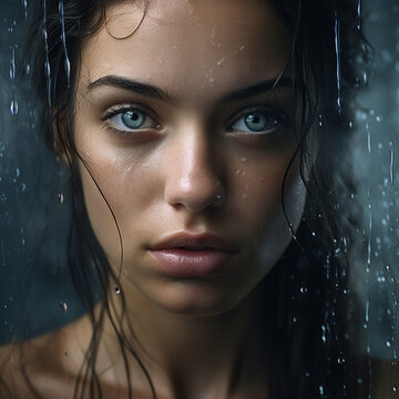 Fotografia en primer plano de atractiva mujer de mirada penetrante, entre gotas de humedad
