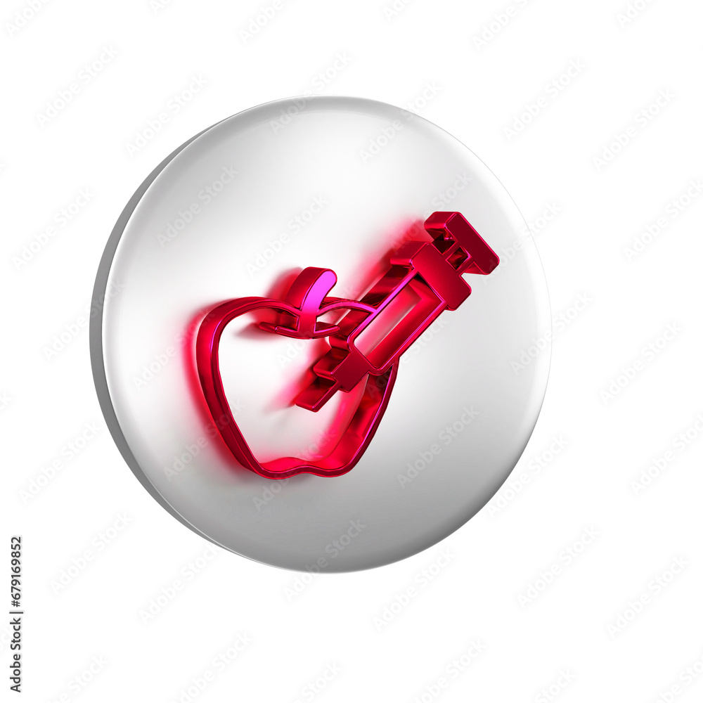 Poster red genetically modified apple icon isolated on transparent background. gmo fruit. syringe being inj