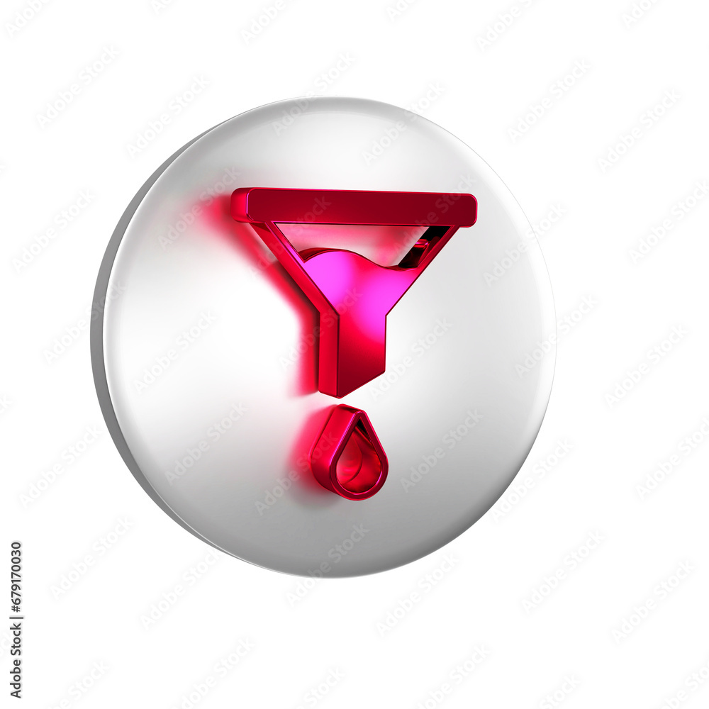 Poster red funnel or filter icon isolated on transparent background. silver circle button.