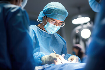 A surgeon's team in uniform performs an operation.