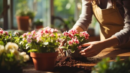 gardening and housework concept - woman in gloves planting pot flowers