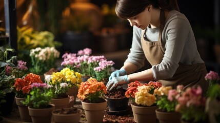 Obraz premium gardening and housework concept - woman in gloves planting pot flowers