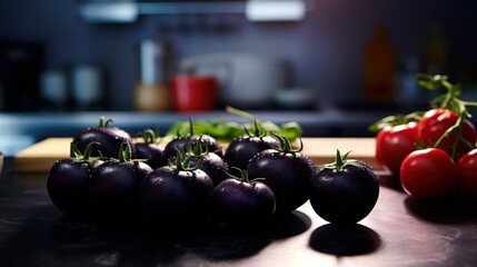 Modern black kitchen with fresh tomatoes and eggplants on the table.