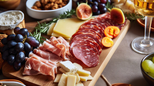 Close up of charcuterie board with meats and cheeses on festive dinner table for, copy space, ham and cheese