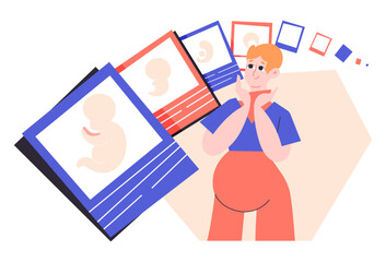 A pregnant woman watches the ultra sound of her unborn baby. Fetal development, week-by-week stages of pregnancy. Trimesters. Vector illustration.