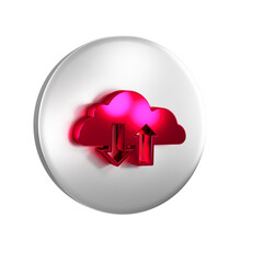 Red Cloud download and upload icon isolated on transparent background. Silver circle button.