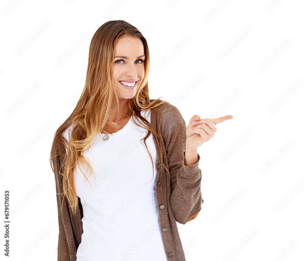 Sticker Portrait, smile and woman pointing at presentation isolated on a transparent png background. Face, happy person gesture at advertising and marketing promotion, information offer, decision or choice