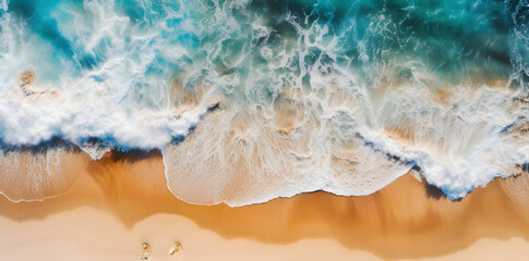 Fototapeta premium Top view sand beach, blue ocean waves photo