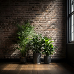Nature Indoors: Houseplant Against Dark Brick Wall in Bright Room .ai generative