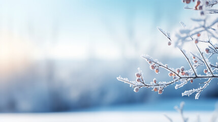 Winter atmospheric background, frosted spruce branches and small drifts of pure snow with bokeh christmas lights