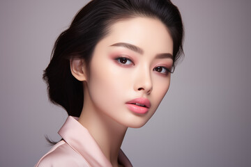 Beautiful asian woman with pastel pink lips and eye shadows. Profile portrait on the grey background