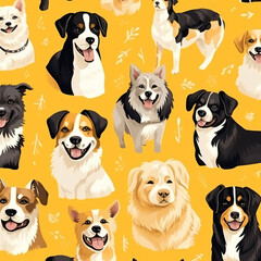 Seamless pattern cute dog animals on yellow background