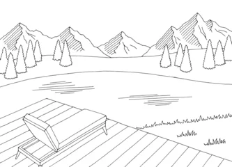 Deurstickers Sun lounger on the lake shore graphic black white landscape sketch illustration vector © aluna1