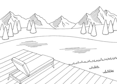 Sun lounger on the lake shore graphic black white landscape sketch illustration vector
