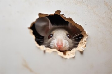 a mouse peeking out of a hole in a wall - obrazy, fototapety, plakaty