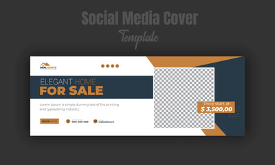 Real estate company property promotion timeline cover, modern and luxury house for sale social media post design template, web banner, advertising discount template with blue and brown color shapes