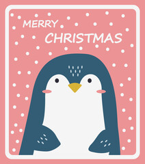Cute penguin on a pink snowy background. Cartoon winter poster. Vector postcard.