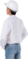 Portrait young engineer asian man wearing helmet standing, handsome male is architect or contractor, worker or labor, back view, industry concept.