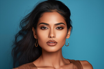 Beautiful Indian woman with brown lips and brown eye shadow. Close up portrait on blue background - obrazy, fototapety, plakaty