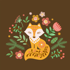 Vector hand drawn illustration of animals in Nordic style lagom. Silhouette of red patterned fox among flowers on dark blue background