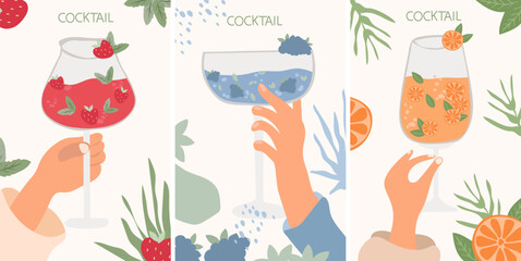 Vector set of assorted cocktails in flat design. Collection includes classic drinks in diverse glasses suitable for menus. Features both non-alcoholic and alcoholic beverages, for holiday celebration