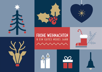 Weihnachtskarte mit weihnachtlichen Symbolen und deutschem Text