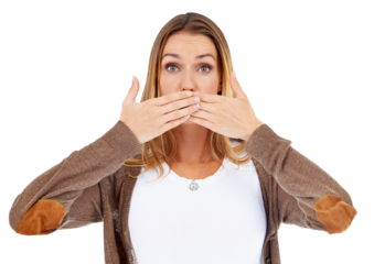Portrait, covering mouth and woman with surprise, gossip and secret isolated on a transparent background. Face, person and model with emoji, shocked and wow with omg, png and reaction with news