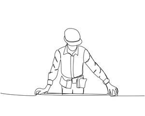 Builder in working uniform and hard hat measures material with tape measure, protective overalls, safety one line art. Continuous line drawing of repair, hand, people, concept, support, maintenance.