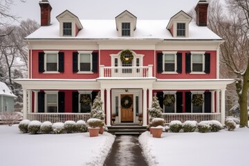 frontal wide shot of colonial on a snowy day