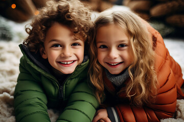 Portrait of two cute little children wearing winter outfits