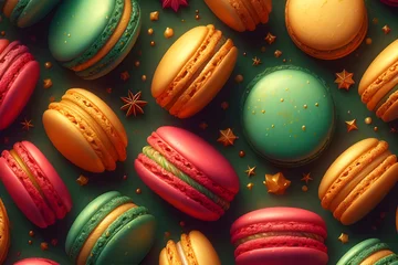 Keuken spatwand met foto Vibrant French macarons on a lush green background, a symphony of color and flavor. © rob3rt82