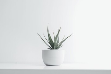 Green succulent in light pot on white background wall. Generative AI