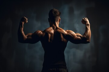 Obraz premium Muscular male bodybuilder shows his muscles. Generative AI