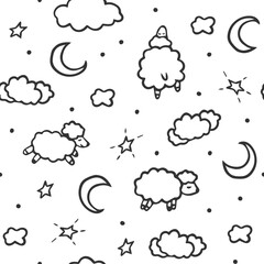 Doodle sleepy night pattern with sheep, moon, clouds, stars. Cute baby seamless background, texture for textile, banner, apparel